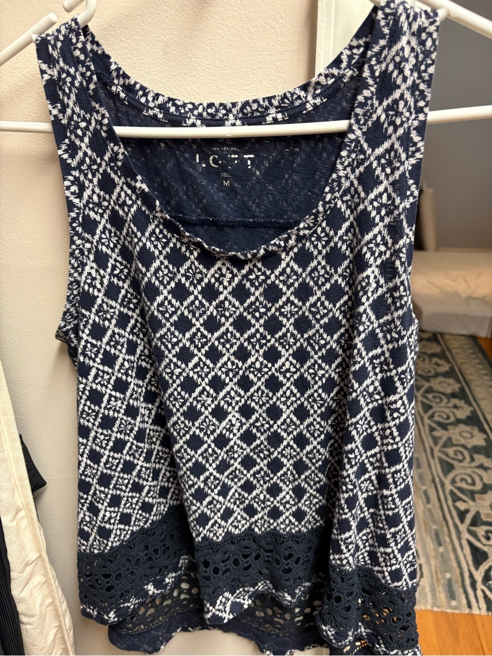 Ann Taylor LOFT Navy and White Crochet-Hem Diamond Tank